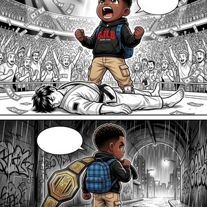 May include: Comic-style illustration of a young boy celebrating a victory in a wrestling match, standing over his defeated opponent. The boy wears a black hoodie, tan pants, and a blue backpack. The second panel shows him walking with a championship belt.