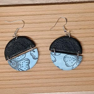 Black and Blue Floral Half-Circle Earrings – Handmade Polymer Clay Modern Jewelry, Lightweight and Hypoallergenic