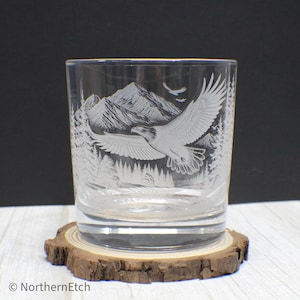 Engraved Whiskey Glass with Mountain, Trees & Eagle – Lodge Theme Gift with Optional Personalized Message