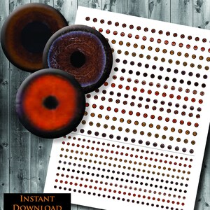 May include: Three circular eye designs in shades of brown and orange are displayed next to a sheet of paper with a pattern of small, colored circles. The text "INSTANT DOWNLOAD PRINTABLE" is at the bottom.