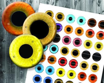15mm Realistic Owl Bird Eye Round Images - Digital Collage Sheet - Printable Animal Foul - 15 Millimeter Size - Yellow Orange Blue Brown Tan
