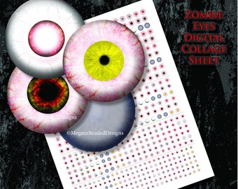 8mm 7mm 6mm 5mm 4mm  Zombie Eyes with Whites Horror Eyeballs Digital Collage Sheet Instant Download Printable Images Cabochons Props Dolls