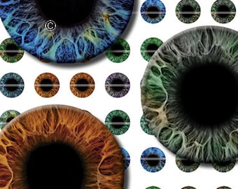 16mm Realistic Human Eyes Printout Collage Sheet of Eye Designs for Cabochon and Jewelry Making or Scrapbooking