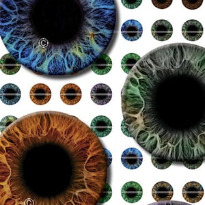 8mm Realistic Human Eyes Printout Collage Sheet of Eye Designs for Cabochon and Jewelry Making or Scrapbooking