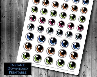 Anime Eyes Printable Instant Download - Digital Collage Sheet - 16mm, 20mm - 2 Sizes Included