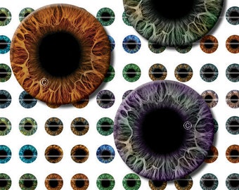 12mm Realistic Human Eyes Printout Collage Sheet of Eye Designs for Cabochon and Jewelry Making or Scrapbooking