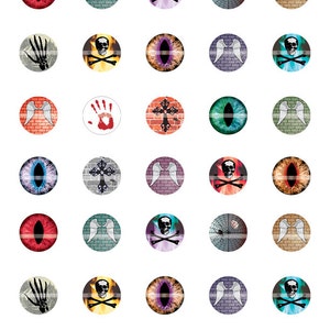 May include: A set of 25 round, colorful, glass cabochons with various Halloween-themed designs. The designs include skulls, crossbones, eyes, wings, and a handprint.