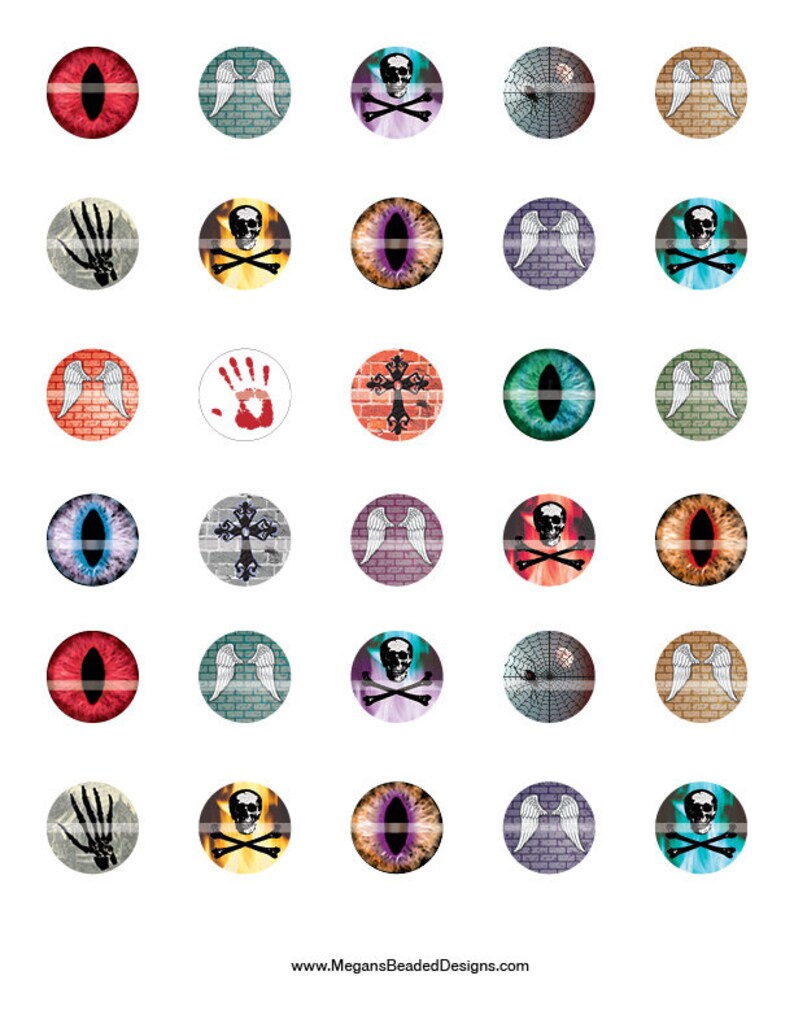 May include: A set of 25 round, colorful, glass cabochons with various Halloween-themed designs. The designs include skulls, crossbones, eyes, wings, and a handprint.