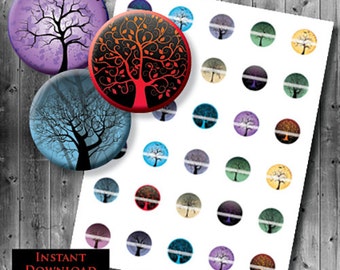 Tree of Life Images - 25mm Circles - Digital Collage Sheet - 1 inch Images - Tree of Life Collage Sheet - Scary Tree - Spooky Trees