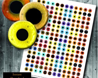 12mm Realistic Owl Bird Eye Round Images - Digital Collage Sheet - Printable Animal Fowl - Half Inch Size - Yellow Orange Blue Brown Tan