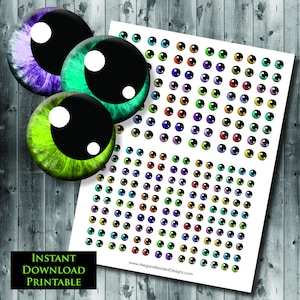 May include: Printable sheet of colourful googly eyes. The sheet includes a variety of sizes and colours, including green, blue, purple, red, orange, yellow, and black. The sheet is perfect for crafting projects, scrapbooking, and more.