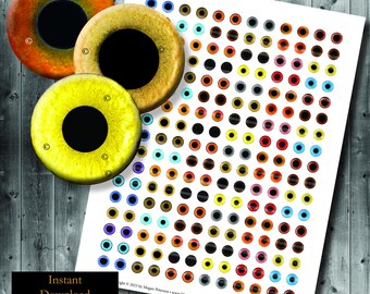 10mm Realistic Owl Bird Eye Round Images - Digital Collage Sheet - Printable Animal Foul - 0.4 Inches Size - Yellow Orange Blue Brown Tan