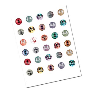 May include: A sheet of 36 round, 1 inch diameter, glass cabochons with various designs. The designs include a skull and crossbones, a handprint, a cross, a pair of angel wings, an eye, and a brick wall.