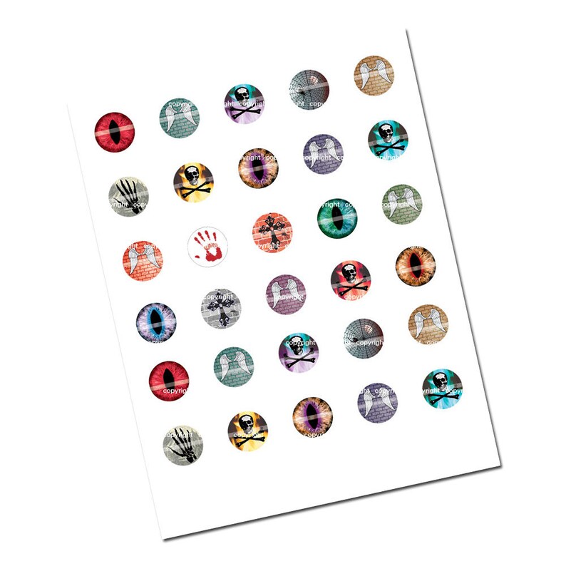 May include: A sheet of 36 round, 1 inch diameter, glass cabochons with various designs. The designs include a skull and crossbones, a handprint, a cross, a pair of angel wings, an eye, and a brick wall.