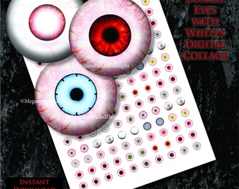12mm Zombie Eyes with Whites Horror Eyeballs Digital Collage Sheet Instant Download Printable Eye Images for Cabochon Making Props Dolls