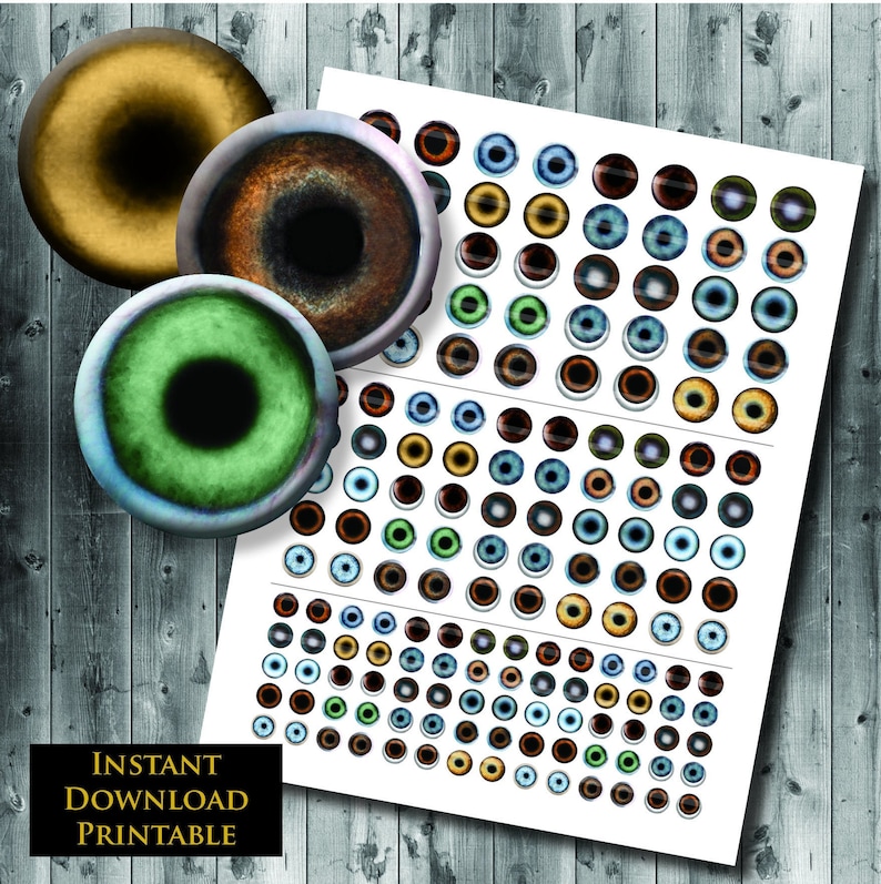 May include: Printable sheet of various colored eyes, including brown, blue, green, and yellow. The sheet is divided into three rows of eyes, with each row containing 12 eyes. The eyes are all different sizes and shapes, and they have a realistic look.