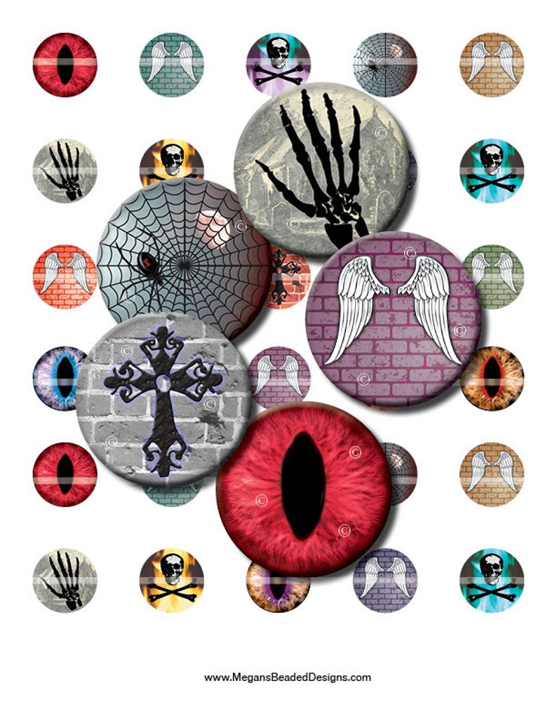 May include: A set of 20 round, colorful, printed bottle cap images. The images include skulls, crossbones, eyes, wings, spiders, and a skeleton hand. The images are perfect for crafting projects, scrapbooking, and more.