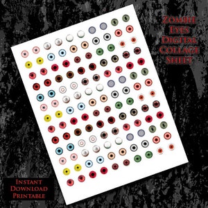 Op de afbeelding: Een digitale collage-sheet met 100 zombie-ogen in verschillende kleuren, waaronder rood, groen, blauw en zwart. De sheet is getiteld "Zombie Eyes Digital Collage Sheet".
