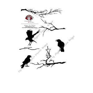 Op de afbeelding: Zwarte silhouet van drie kraaien die op kale takken zitten. De afbeelding is een digitaal ontwerp voor knutselprojecten.