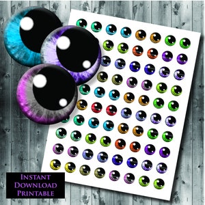 May include: Printable sheet of colourful cartoon eyes with black pupils. The sheet includes 64 eyes in various colours, including blue, green, purple, orange, and yellow.  INSTANT DOWNLOAD PRINTABLE.