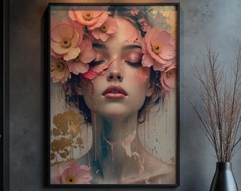 Gebloemde vrouwenportretkunstdruk: romantisch roze en goud surrealistisch decor (ingelijst)