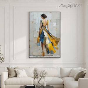 Elegant Woman in Gold & Blue Dress Unframed Poster – Modern Textured Oil Painting Print, Fashion Figurative Wall Art for Home Décor