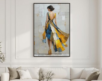 Elegante vrouw in gouden en blauwe jurk Art Print: modern modeportret