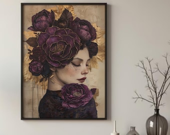 Moody bloemenvrouw kunstprint: paarse pioenroos, gouden accenten (ingelijste poster)