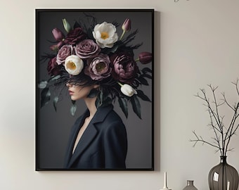 Vrouwenportret bordeauxrode pioen: humeurige bloemenkunstafdruk