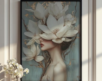 Magnolia vrouw portret kunstafdruk: goud botanisch decor