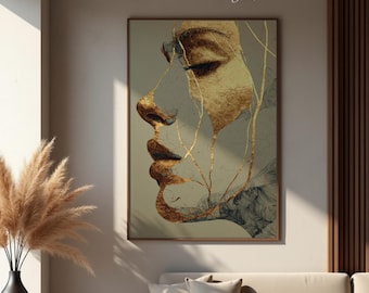 Abstract gold face line art print: minimalistisch surrealistisch portret