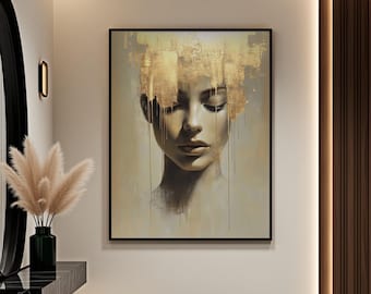 Vrouwenportret Golden Crown: humeurige gouden textuurkunstdruk (niet ingelijst)