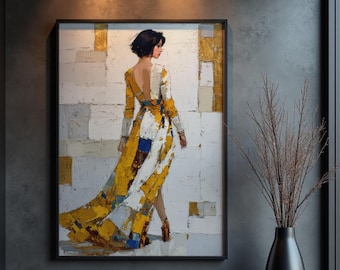 Abstracte vrouw in gele jurk kunstafdruk: paletmesschilderij (ingelijst)