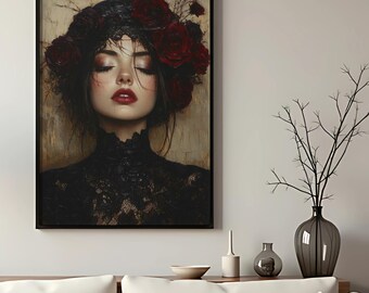 Gotische portretkunst aan de muur, digitale download, vrouwenprint met donkere bloemen, humeurig romantisch decor