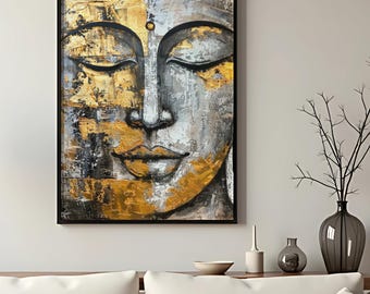 Gold Buddha Wall Art, Black White Zen Print, Modern Spiritual Decor (Digital Download)