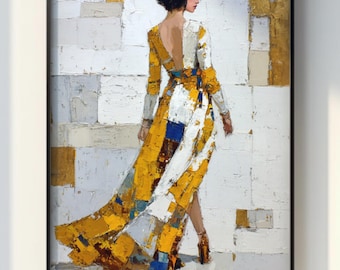 Vrouw in gele jurk Kunstafdruk: modern impressionistisch portret (digitale print)