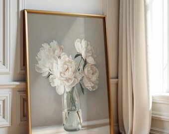 Witte pioen bloemenvaas Art Print, Frans botanisch beige (digitale download)