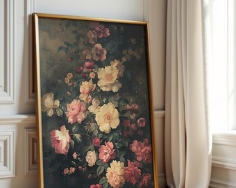 Vintage donkere bloemen muurkunst, humeurig botanisch schilderij, antieke tuinprint (digitale download)