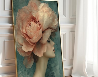 Gebloemd vrouwenportret: elegante kunstdruk pioenroos bloemenhoed (niet ingelijst)