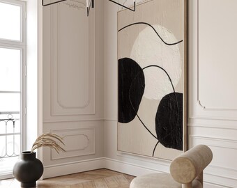 Minimalistische abstracte kunstprint: Japandi beige zwart-wit (digitale download)