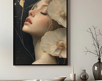 Bloemenkunst vrouwenkunst: elegante gouden botanische poster met textuur