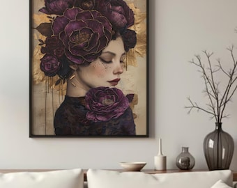 Moody bloemenvrouw kunstprint: paarse pioenroos en goud (digitale print)