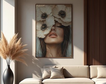 Portretbloemenprint: humeurige luxe muurkunst, goudstructuur