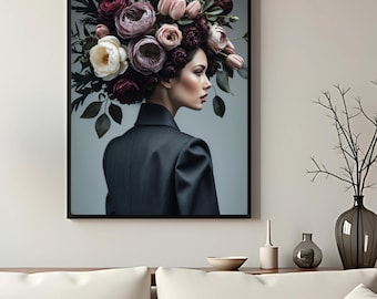 Kunstprint vrouwportret met bloemen – Sfeervol interieur