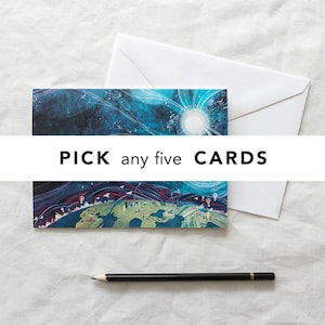 May include: A blue and green watercolor card with a white star and the text "PICK any five CARDS".
