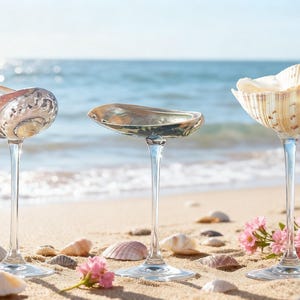 Puede incluir: Tres copas con conchas marinas como cuencos se alzan en una playa arenosa. Las conchas son de varios colores, incluyendo marrón, blanco e iridiscente. Flores rosas y conchas marinas están esparcidas alrededor de las copas, con el océano al fondo.