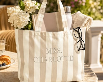 Custom Bride Tote Bag with Name, Embroidered Striped Canvas Bag, Wedding Honeymoon Gift, Beach Vacation Tote.
