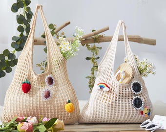 Crochet Boho Bag for Travel Crochet Shoulder Bag Beige Handbag for Girl Summer Beach Bag with Knit Ornament Knit Tote Bag Gifts for Friends