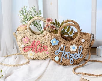 Personalized Straw Bag with Flower, Custom Beach Bag