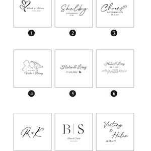 May include: Nine square designs with elegant calligraphy and dates. Designs include names like Clark & Fokaia, Shelby, and Keith & Mason, along with dates such as 06.24.2023 and 10.28.2024. The designs are in black and white.
